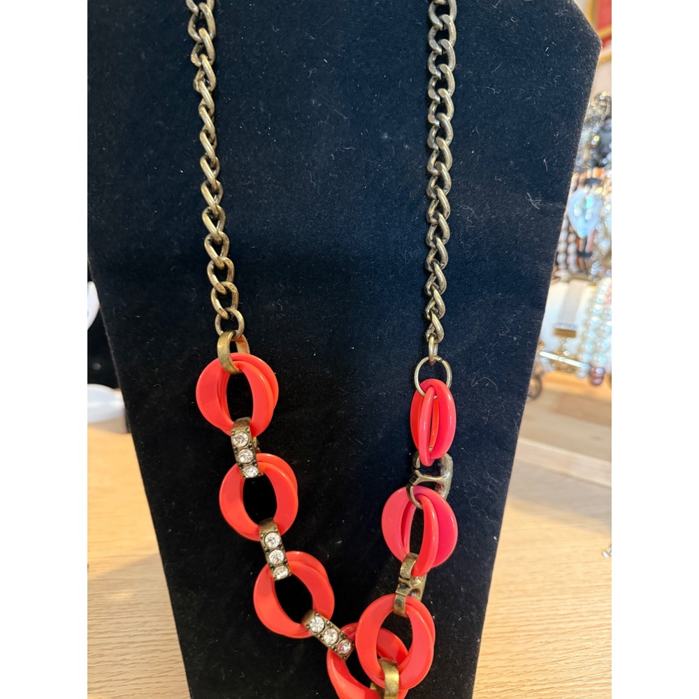 J.Crew Coral Resin Link Rhinestone Statement Necklace Antique Brass Tone 20-22"